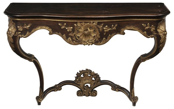 Louis XV Style Mahogany and Gilt: Wood Serpentine-Front Console Table 20th century, overhung serpentine top over gilt apron with shell carving, shell-form stretcher base, cabriole legs with carved acanthus leaves, scrolled feet, 30-1/