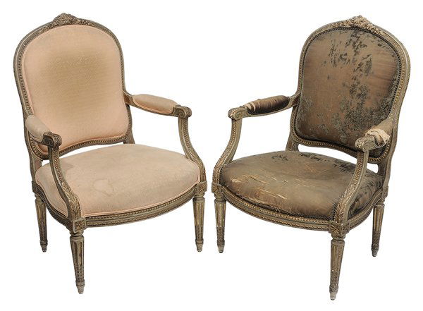 Pair Louis XVI Style Carved Painted: and Parcel Gilt [Chaise á la Reine] French, early 20th century, the gilt and gray-painted frames with floral and foliate carved decoration on fluted legs, one upholstered in green velvet and one in p