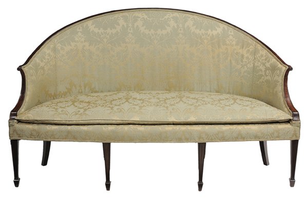 Fine Hepplewhite Mahogany Silk-: Upholstered Sofa British, circa 1800, gracefully arched back and rolled arms, tapered and molded square legs on spade feet, silk damask upholstery set with loose cushion, 40 x 67 x 24 in., generally g