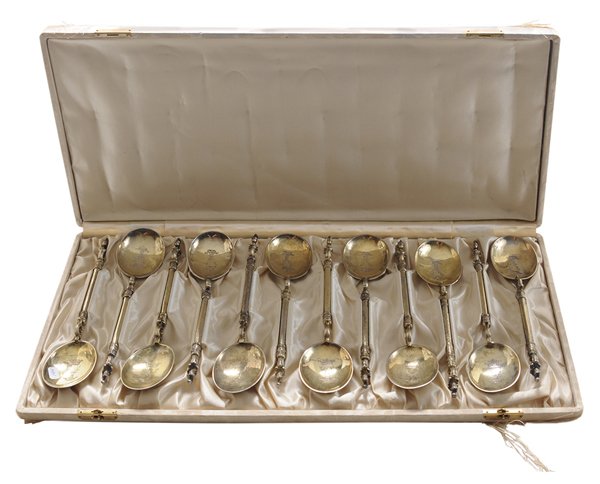 Set of Twelve Cased Gilt Silver: Drinking Spoons Roman centurion bust, bowls with crest, cast electrotypes examples of Grand Tour souvenirs, 6-3/4 in.; in fitted case with "MDB" monogram (Mary Duke Biddle), loss to gilt, light scratc