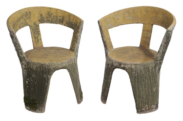 Pair Cast Concrete Rustic Armchairs: 20th century: tree-form molded armchairs with barrel backs, flat seats, each with three tree-trunk form legs, 30 x 26 x 22 in., surface losses and abrasions, otherwise good condition. Provenance: Pine