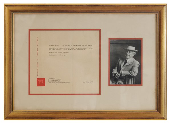 Frank Lloyd Wright Signed Typed: Letter and Photograph Wisconsin, 1942, Taliesin, Spring Green, Wisconsin, May 25, 1942, typed and signed letter "My Dear Smith, The boys are on the way here from the Desert. Meantime I am coming to De