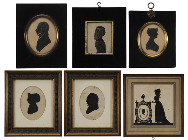 Six Silhouettes: (19th century) One a full length memorial, black ink and netting on white paper, pair man and woman, ink with gilt highlights, pair, man and woman, white paper over black silk, one a woman facing righ