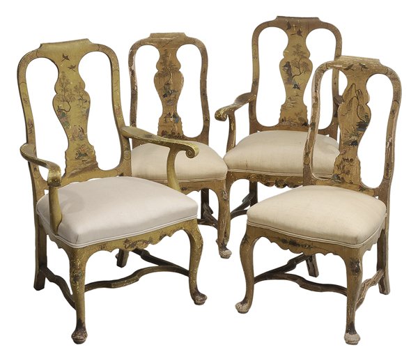 Set of Four Queen Anne Style: Chinoisserie-Decorated Dining Chairs early 20th century, each with chinoisserie scenes on mustard ground, two armchairs and two side chairs, 39 x 20-1/4 x 18-1/2 in., surface wear and distress with sc