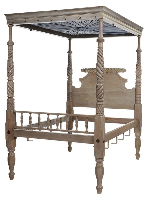 American Classical Style Carved and: Paint-Decorated Four-Poster Canopy Bedstead 20th century, the gray-painted frame with posts and head- and footboard probably mahogany, cove-molded frame with silk canopy, 96 x 59-1/4 x 83-1/2 in., int