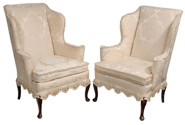 Pair Queen Anne Silk-Upholstered: Easy Chairs 20th century, each with fine silk damask upholstery set on mahogany cabriole legs, 44 x 33 x 31-1/2 in., scattered stains and deterioration to silk upholstery especially at tops of arms an