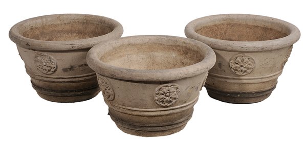Three Terracotta Relief-Decorated: Garden Planters 20th century, bases with stamped signature "Gallaway", each with ribbed body with rosette motifs in relief, removable bases, with drilled holes as made, 15 x 24 in., surface abrasions 