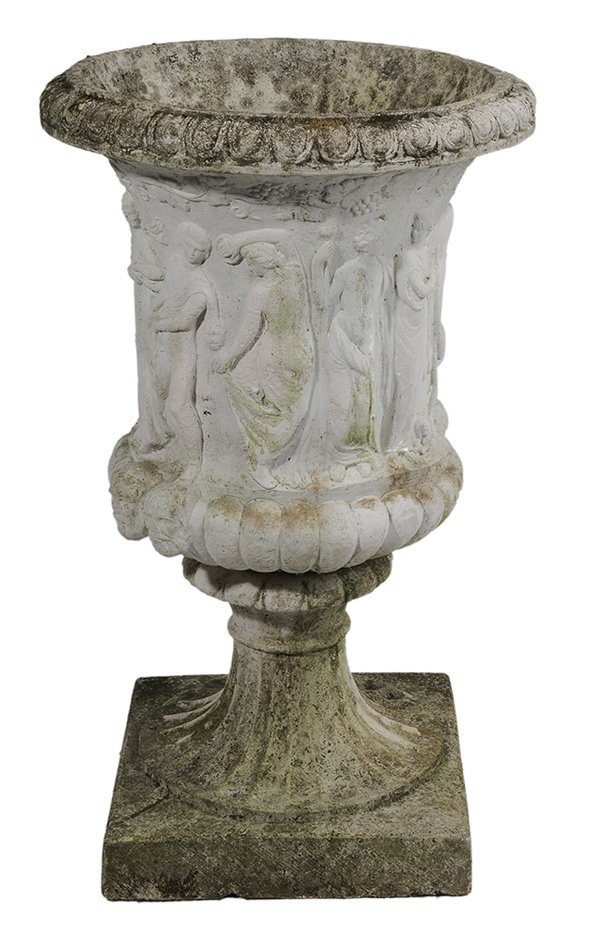 Painted Cast Concrete Classical: Garden Urn 20th century, large-form urn decorated with classical figures in relief, 39 x 25 in., broken and separated at joint of urn to pedestal base, later white paint with surface wear and weatheri