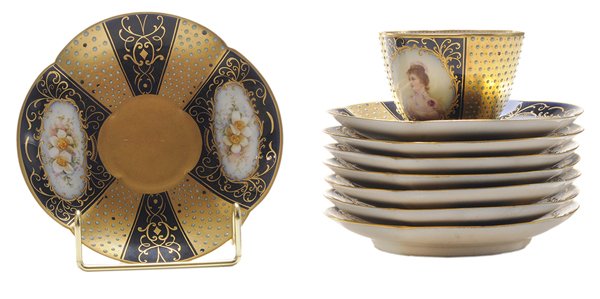 Sixteen Pieces Hand-Painted and Gilt: Limoges Cups and Saucers French, early 20th century, each cup painted with portrait of a young maiden signed "Lacroix" in central reserve flanked by turquoise jewels on gilt ground, marked "William Gu
