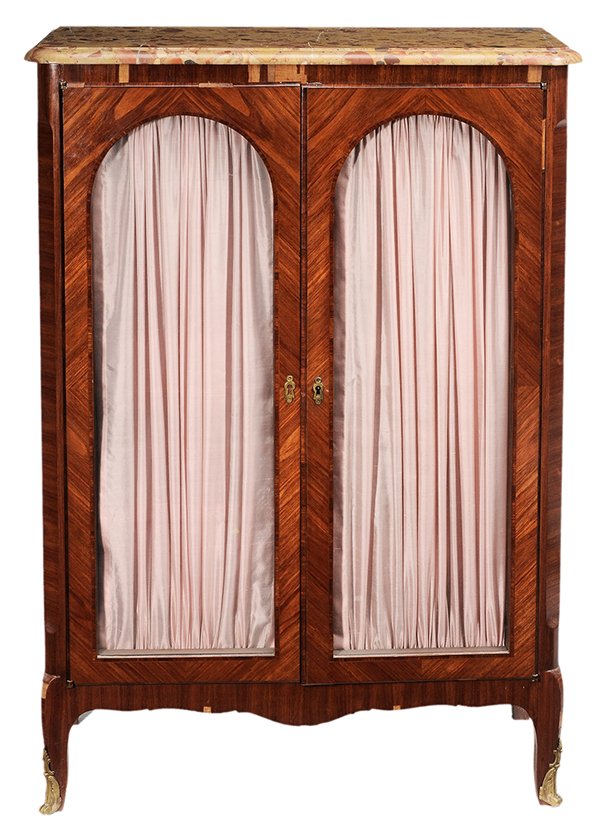 Louis XV Style Marble-Top Bookcase: Cabinet French, late 19th century, kingwood and rosewood veneers, variegated marble top, two arched glazed doors opening to a adjustable shelved interior, scroll feet with bronze mounts, 47-1/4 x 32 x