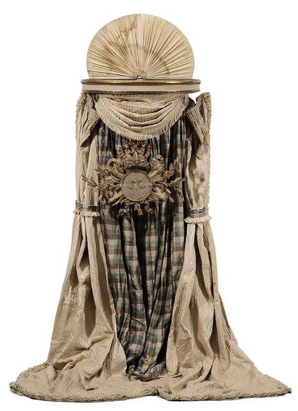 Louis XVI Style Parcel Gilt and: Silvered Crest French, 19th century, ribbon and crown top over a trophy with arrows, set on a later laminate and fabric-lined support, white-painted and parcel gilt shadowbox frame, 33 x 21 in. and 24