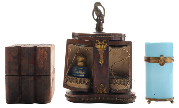 Two Perfume Cases, Perfumes,: Opaline Jar French, 19th/20th century: French tooled leather, bronze and burl amboyna veneered revolving perfume case containing two blue opaline and gilt metal perfumes, 8-3/4 x 5 in., [revolving mec