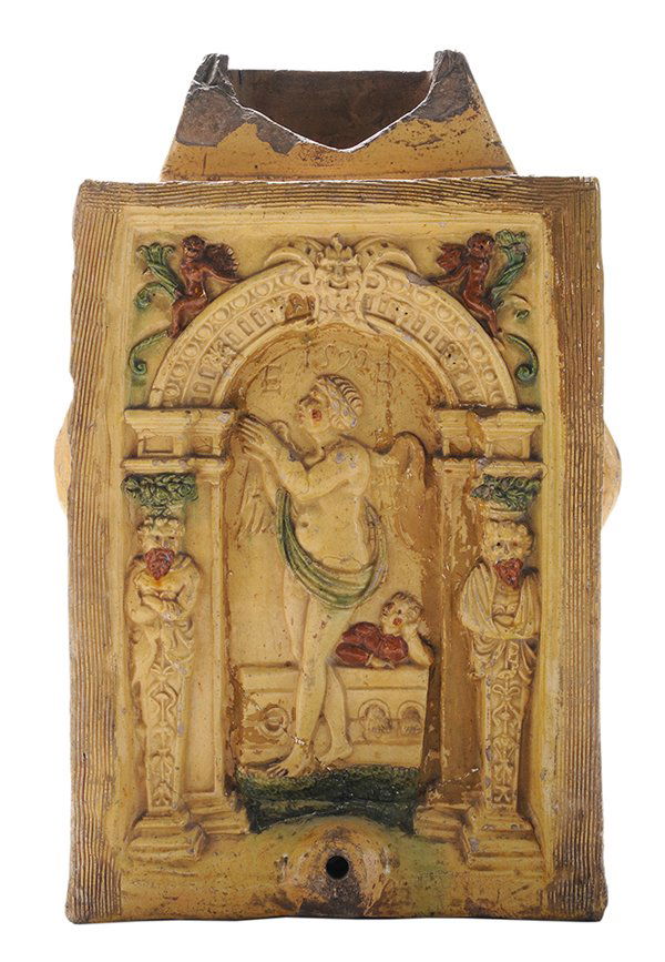 Important Renaissance Earthenware: Figural Cistern probably Rhenish or South Germany, dated 1592, front and sides with elaborate relief decoration depicting figures within architecture, front above central figure inscribed "ER 1592" (E