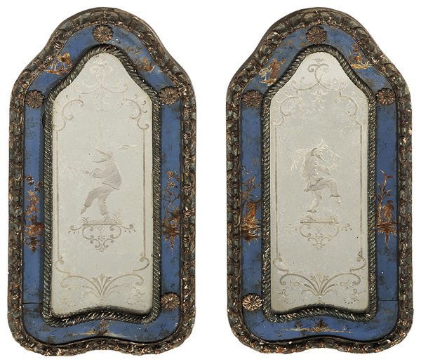 Pair Venetian Baroque Reverse-: Painted and Etched Mirrors Italian, probably 19th century, each with central etched figure depicting a jester with Prussian blue and gold reverse-painted surround set with wooden rosettes and carved w
