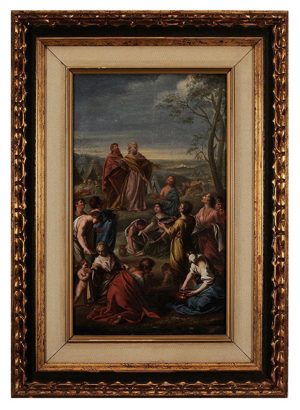 Follower of Charles le Brun: (French, 1619-1690) Israelites Gathering Manna in the Desert, 18th century or earlier, signed, oil on canvas, 21 x 12-1/2 in.; carved, painted and parcel gilt wood frame, probably Heydenryk, lined ear