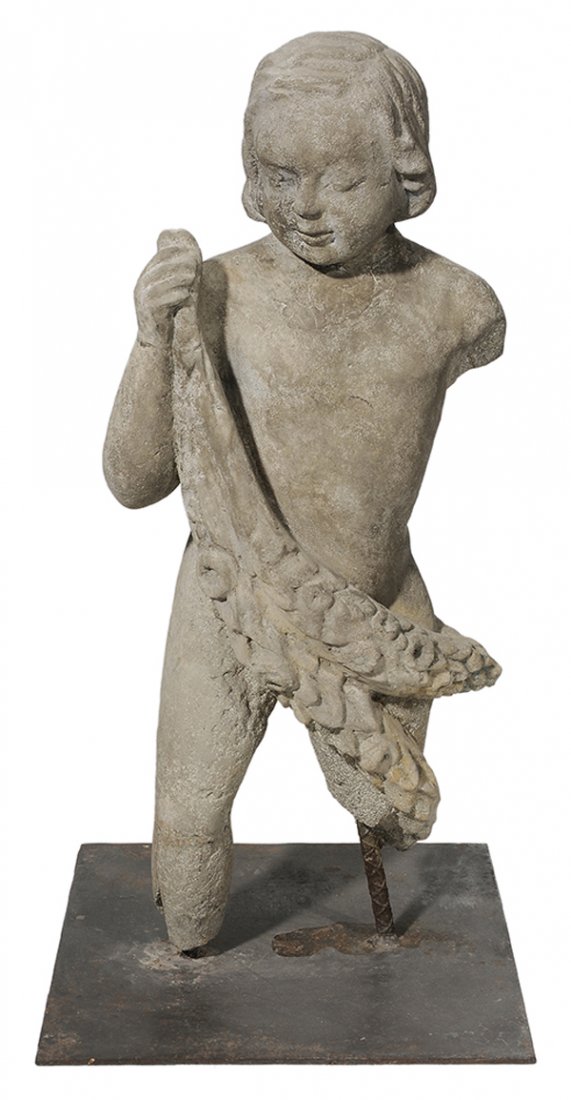 Continental School, 18th century: carved stone fragment, figure of young boy with garland, on modern iron stand, 32 in., old repair at neck with infill, lacking one arm and both legs, surface wear and weathering, some roughness especi