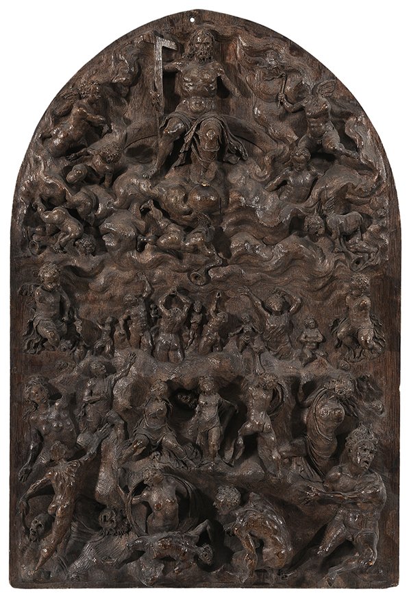 Follower of Peter Paul Rubens: (Flemish, 1577-1640, possibly 17th century) The Last Judgement, relief carved oak panel, 27-1/4 x 18-1/2 in. back shaved and cradled, loss of limbs, heads, abrasions. Provenance: N/A