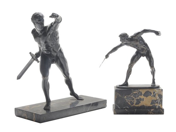 European School: (19th Century) Two Roman style bronzes: one after The Borghese Gladiator, 10-5/8 in. (with base), [accretion, corrosion]; Gladiator with Knife, signed "Rudolf Mercuse (German, 1878-1830), foundry mark