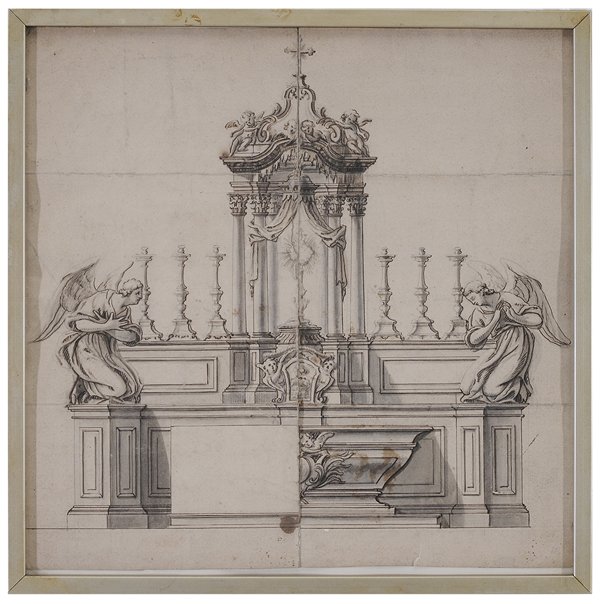 Italian School: (17th or 18th century) Elevation of an Altar, unsigned, ink and ink wash on heavy laid paper, 11-7/8 x 11-5/8 in.; metal frame, creases, tear down central crease, toning, handling grime, stains. Prove