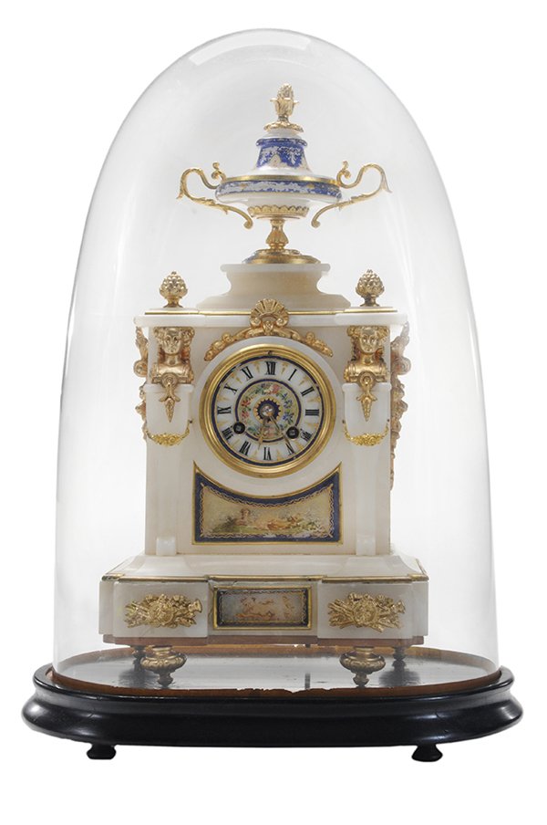 Louis XVI Style Hand-Painted and: Alabaster Shelf Clock With Japy Freres Movement French, late 19th century, urn finial, figural gilt white metal mounts and hand-painted scenes, set in glass dome with wooden base, 18 x 9 x 5-1/2 in., 