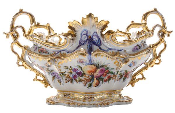 Monumental Gilt and Hand-Painted: Oval Center Bowl Continental, 19th century, elaborate twig, leaf and floral gilt reticulated top rim continuing to double handles, raised over fruit and vine swags over a romantic scene of a young cou
