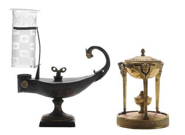 Empire Gilt Bronze and Mother-of-: Pearl Censer, Roman Style Bronze Lamp Continental, 19th century: the tripod censer set with winged Cupid heads and paw feet set on engraved mother-of-pearl base with gilt bronze band, 4-1/2 in., [good