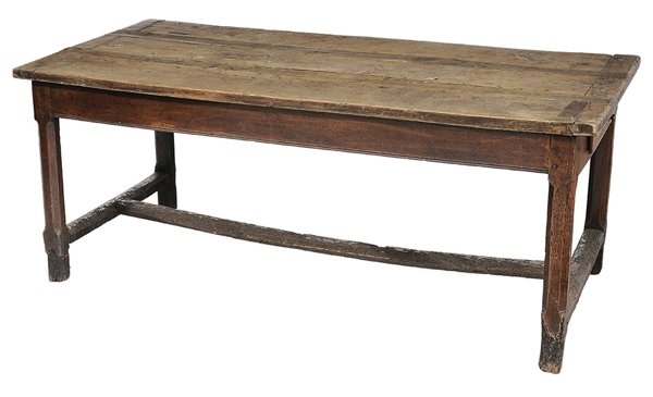 Antique French Provincial Farm Table: 18th century, beech throughout and set with single side drawer, heavy top with breadboard ends over faceted legs and H stretcher, one end with false drawer front, 31 x 77 x 37 in., pest damage through