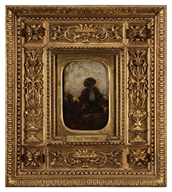 Attributed to Paul Vernon: (French, 1796-1875) Boy with Rabbit, unsigned, oil on artist board, 7-7/8 x 4-1/8 in.; fine original carved and gilt wood frame, retouch in chest and area of head, uneven varnish layer in sky due to l
