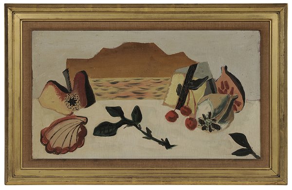 Jean Lurçat (FRENCH, 1892-1966): (French, 1892-1966) Still Life with Fruit and Shell on a Beach, 1927, signed middle right "Lurcat/27", oil on panel, 14-5/8 x 25-1/2 in.; possibly original gilt wood frame, small surface splits, cradl
