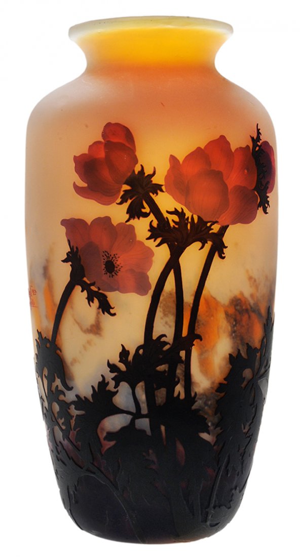 Very Large Muller Freres Cameo: Glass Vase French, early 20th century, poppy decoration with purple flowers and dark purple foliage on mottled ivory, purple, orange and blue ground, side with cameo inscription "Muller Fres Luneville
