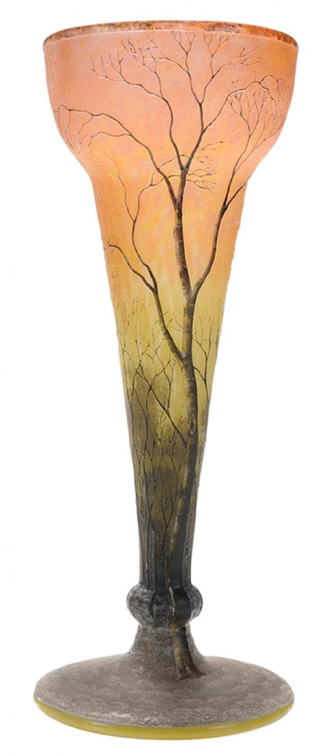 Daum Nancy Trumpet-Form Winter: Landscape Vase French, circa 1900, etched and enameled decoration, textured ground, base with signature "Daum Nancy" with Cross of Lorraine, 10-1/4 in., excellent condition with light surface wear. Pr