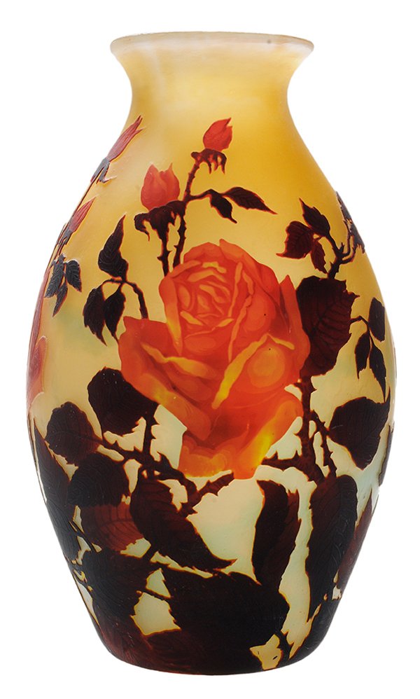 Muller Freres Cameo Glass Vase: early 20th century, brown leaves and orange/red roses on orange-to-yellow ground transitioning to pale blue at bottom, base marked "Muller Freres France", 13-3/4 in., repair with glass infill at ponti