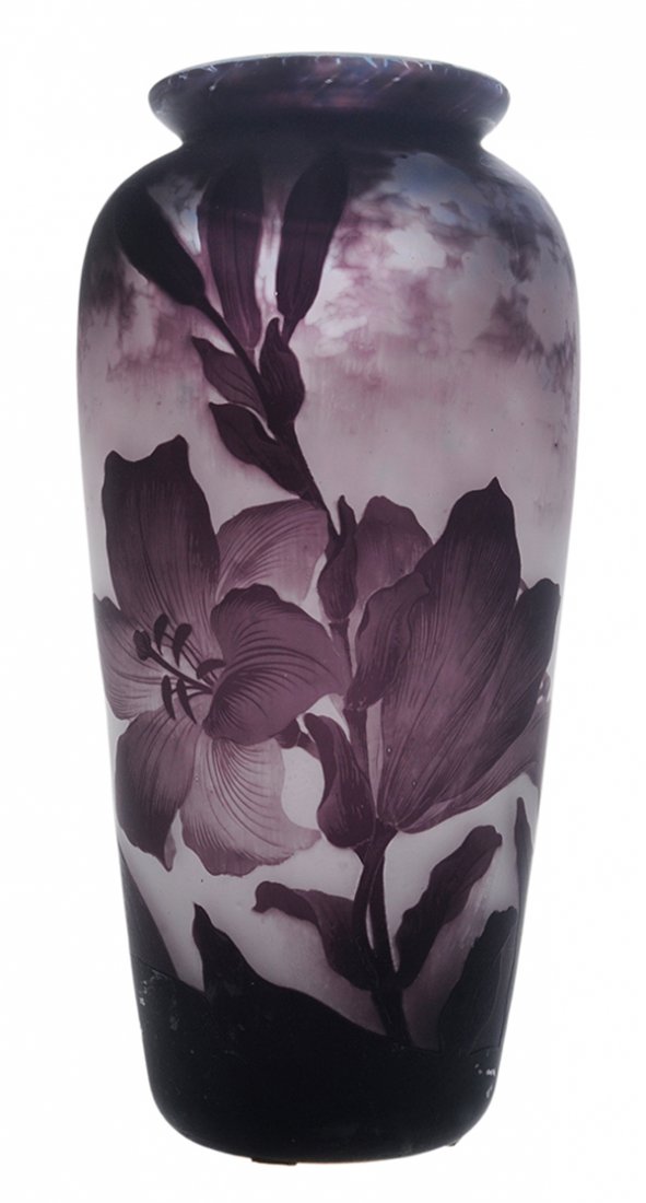 Muller Freres Cameo Glass Purple Iris: Vase French, early 20th century, rich purple floral decoration on mottled purple-to-frosted ground, cameo signature at side "Muller Fres Luneville", 12-1/2 in., scattered surface wear and scratches es