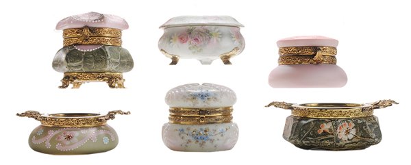 Collection of Six Dresser Boxes,: Wavecrest, Kelva, Royal Bayreuth Wavecrest shell and floral decorated lidded box; pink satin glass lidded box, lid with [putti,] base marked "Nakara", silk-lined interior, [minor tear to interior fabr