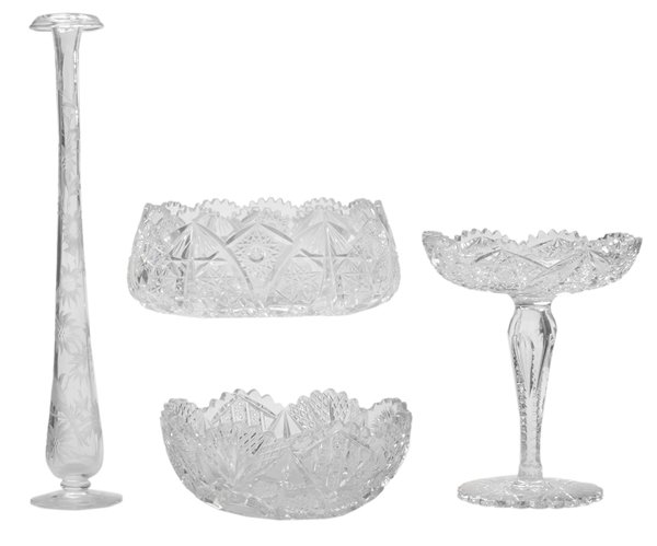 Three Pieces Brilliant Period Cut: Glass, Libbey Wheel-Cut Vase American, late 19th/early 20th century, comprising a tall bud vase with bird and floral decoration and signed on bottom "Libbey", 16 in.; tazza, 8-3/4 in.; two bowls, 8 in