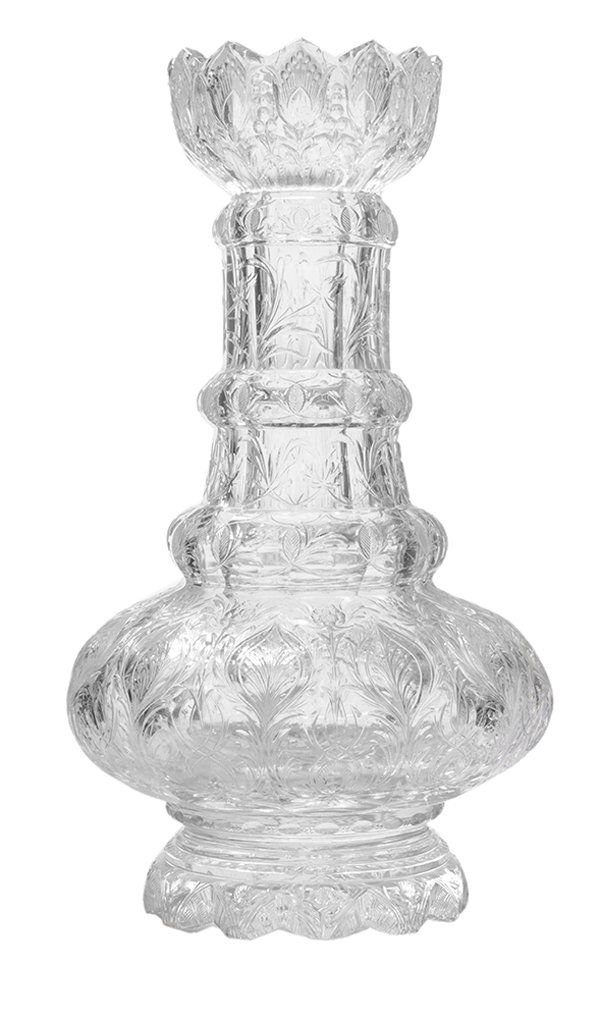 Fine Signed George Woodall: Engraved Crystal Vase attributed to Thomas Webb, circa 1890, heavy crystal elaborately intaglio cut with thistle and other foliate decoration, signed "Geo Woodall", 10-1/2 in., excellent condition ove