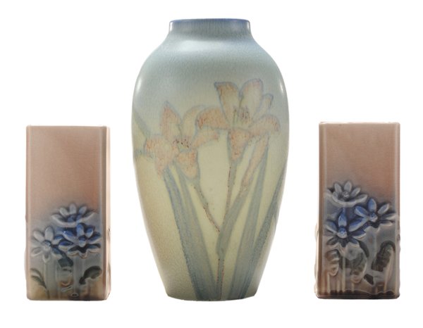 Shirayamadani Matte Finish Rookwood: Vase, Pair of Square Vases, American, 20th century, Kataro Shirayamadani matte finish vase, decorated with daylilies, impressed Rookwood flame mark, XL, 900C, with artist signature, 8-3/4 in., [good o