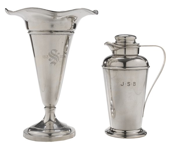 Sterling Trumpet Vase, Cocktail: Pitcher American, 20th century, vase with scalloped rim, weighted base, marks for Watson Co.", "9594", inscription "1913 S 1938", 11-3/4 in.; cocktail pitcher with strap handle, marks for Gorham, mono