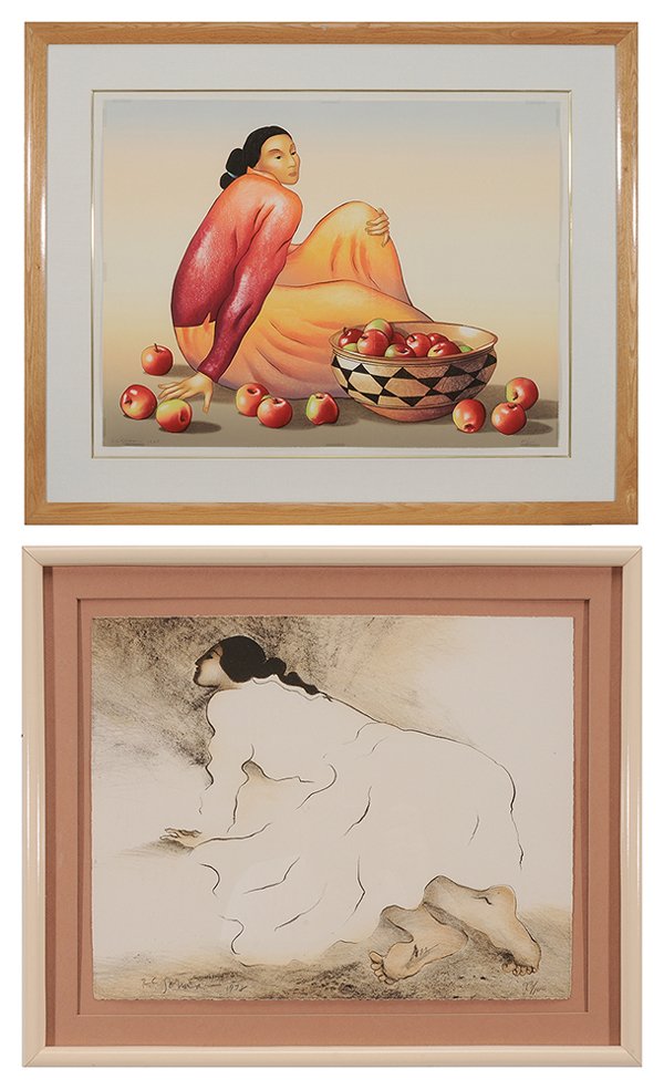 Rudolph Carl Gorman: (American,1932-2005) Two color lithographs: Woman with Apples, 1985, edition XXI/XXV, 29-1/8 x 38 in. (page); Reclining Woman, 1978, edition 93/100, 12 x 15 in., signed lower left in pencil "R.C. Gorm