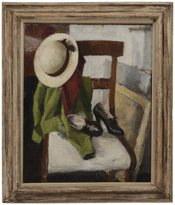 Manner of Yasuo Kuniyoshi: (American/Japanes, 1893-1953) Chair, Hat and Shoes, circa 1925, bears signature upper right "Yasuo Kuniyoshi", oil on canvas, 29-7/8 x 24-1/8 in.; painted and distressed wood frame, crackle, cupping, 