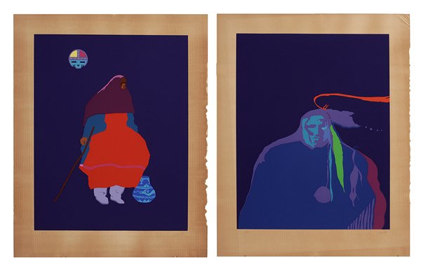John W. Nieto: (Texas/New Mexico, born 1936) two serigraphs: "Pueblo Indian Legacy" and "Bull Medicine #1", both edition 5/90, signed lower right in pencil "Nieto", serigraphs on paper, 35 x 27-7/8 in. (page); unfra