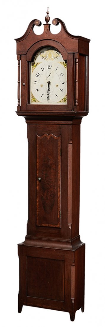 Lumen Watson Federal Tall Case: Clock Cincinnati, Ohio, 19th century, arched painted and parcel gilt wooden dial, wooden works, figured cherry waisted case with banded and figured walnut-inlaid door, arched hood with inlaid rosettes