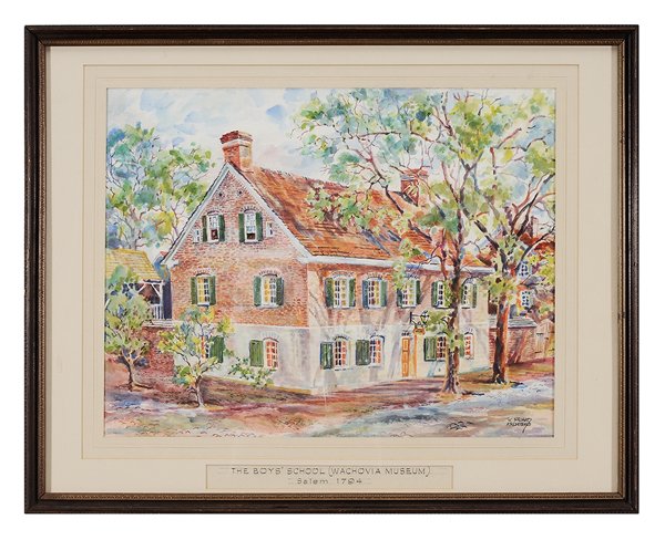 W. Stuart Archibald: (American 20th century) "The Boys School (Wachovia Museum)/Salem 1794", signed lower right "W. Stuart Archibald", watercolor on paper, 17 x 22 in.; wood frame good condition, not examined out of frame