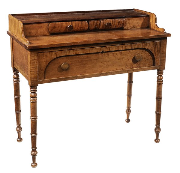American Sheraton Bird's-Eye Maple: Writing Desk middle Atlantic states, 19th century, figured maple and other mixed woods, dovetailed drawers with poplar secondary, turned legs, 38-1/2 x 41-1/2 x 20 in., refinished with traces of paint