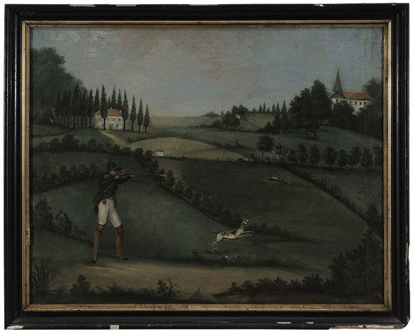 British School: (19th century) Fox Hunting in a Country Landscape, unsigned, oil on canvas, 25-1/4 x 31-1/2 in.; lacquered wood frame, lined, restretched, grime, crackle, cupping,abrasions, some flaking, stretcher ma