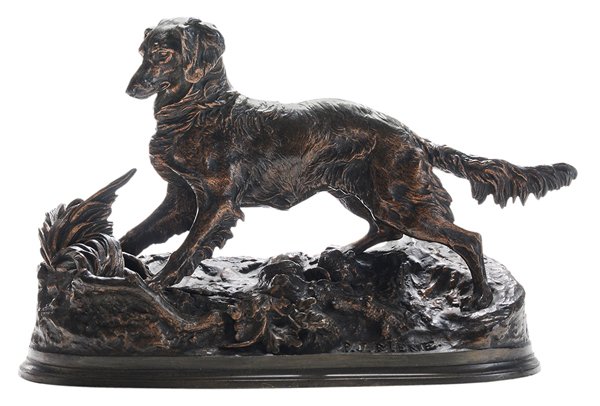 Pierre Jules Mêne: (French, 1810-1879) Épagneul, a late 19th or early 20th century casting, signed "P.J. Mêne" and stamped "1795", patinated bronze, 8-1/2 x 12-1/4 x 5 in. brown to black patination, casting flaws evid