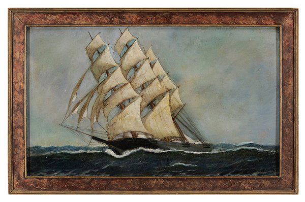 Antonio Nicolo Gasparo Jacobsen: (New York/New Jersey, 1850-1921) The "I.F.Chapman", 1919, signed lower right "Antonio Jacobsen/1919", oil on fiber board, 12 x 19-7/8 in.; painted wood frame, Provenance: H641 crackle, retouch in sky