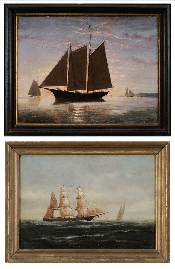 British School: (19/20th century) Two maritime paintings: Schooner in a Luminous Harbor, 18-3/4 x 24-5/8 in.; Clipper on Rough Seas, 14 x 20 in. [areas of overcleaning], both unsigned, oil on canvas; original frames,