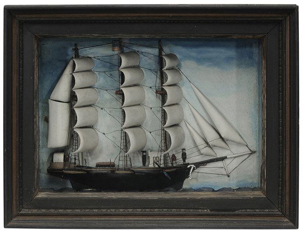Folk Art Painted Ship Diorama in: Shadowbox Frame American, late 19th century, depicting a three-masted schooner with two crewmen, partial American flag, black and gold painted shadowbox frame, 23-1/2 x 30-1/4 x 7-1/2 in., minor losse