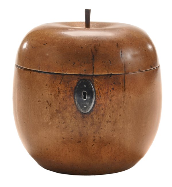 Georgian Apple-Form Fruitwood Tea: Caddy British, late 18th/early 19th century, fine mellow patinated surface, oval escutcheon, interior with traces of silver leaf, 5-1/2 in., good condition with minor cracks and surface wear, stem pos